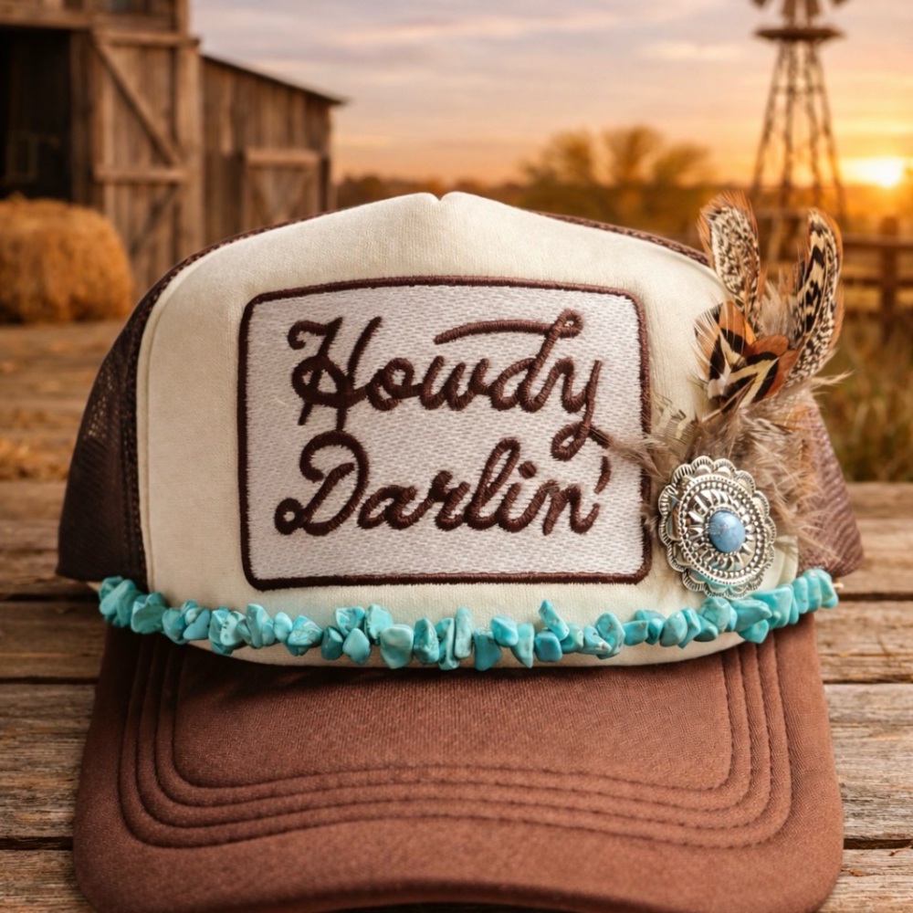 Western Style Brown and Cream Hat with Turquoise Trim
